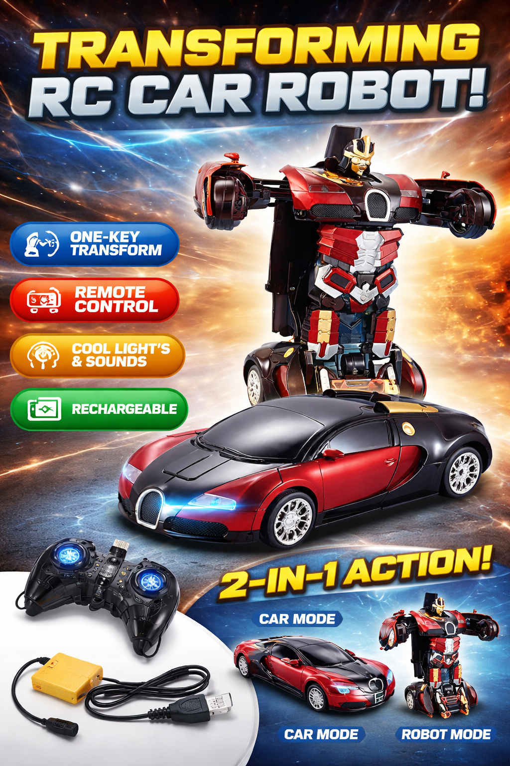 2-in-1 Transforming Robot Car Toy | Convertible Sports Car to Robot | Push & Go Action Figure Toy for Kids | Red & Blue Color (Random Color)