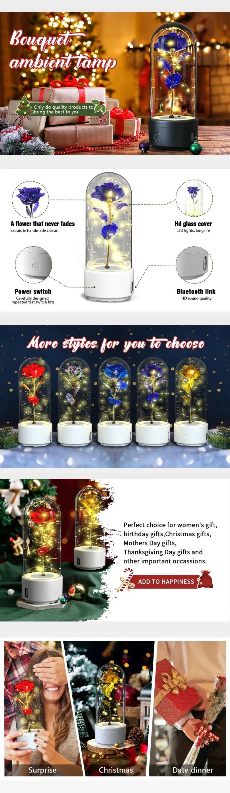 Creative 2-in-1 Rose LED Light & Bluetooth Speaker - Valentine's Day Gift, Glass Ornament.